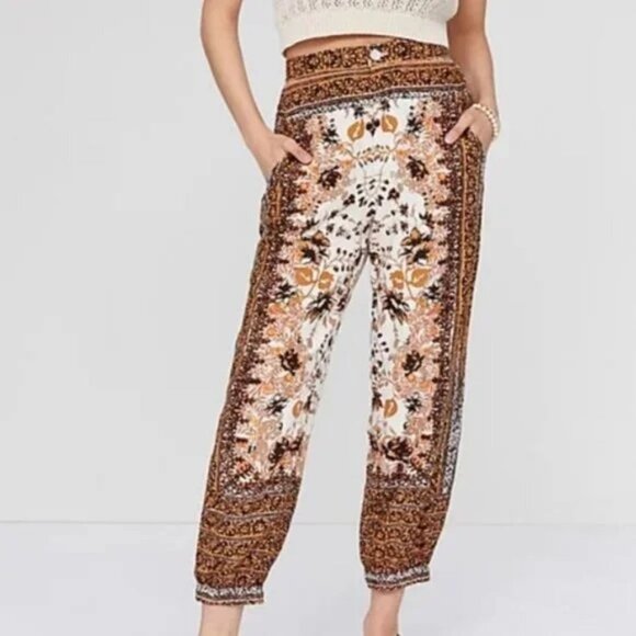 Anthropologie - Floral Print Linen Blend Joggers - Scarf Print - sz 4 - Picture 2 of 12